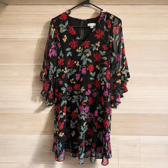 Calvin Klein Dresses & Skirts - Calvin Klein Casual Dress Women's Size 2 Black Floral Flowy Ruffle Bell Sleeve